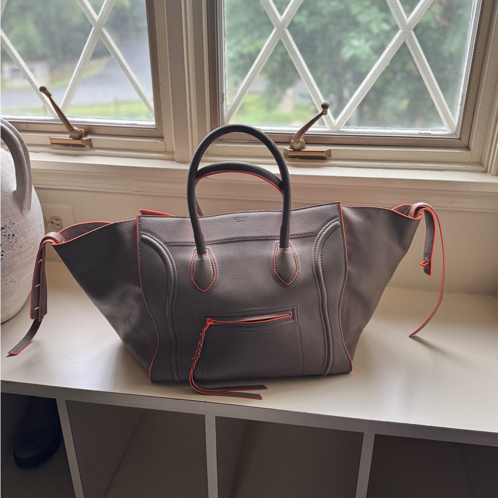 Celine Gray Tote with Vibrant Orange Accents